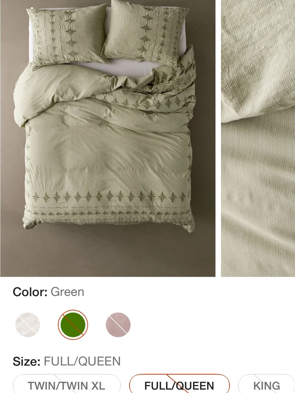Urban Outfitters Sage Green Embroidered Duvet Cover